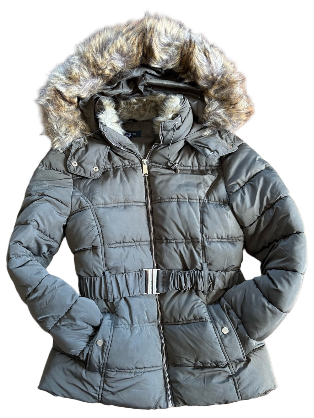 New Look Olive Green Quilted Puffer Jacket with Faux Fur Hood